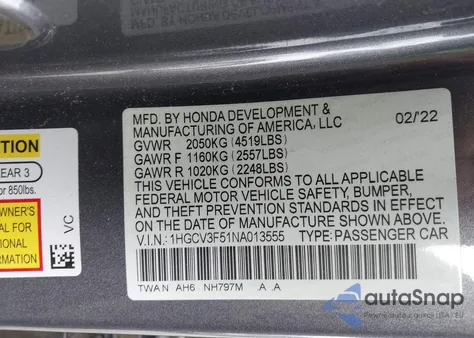 2022 Honda Accord Hybrid Ex-L из США, поврежденный, VIN 1HGCV3F51NA013555
